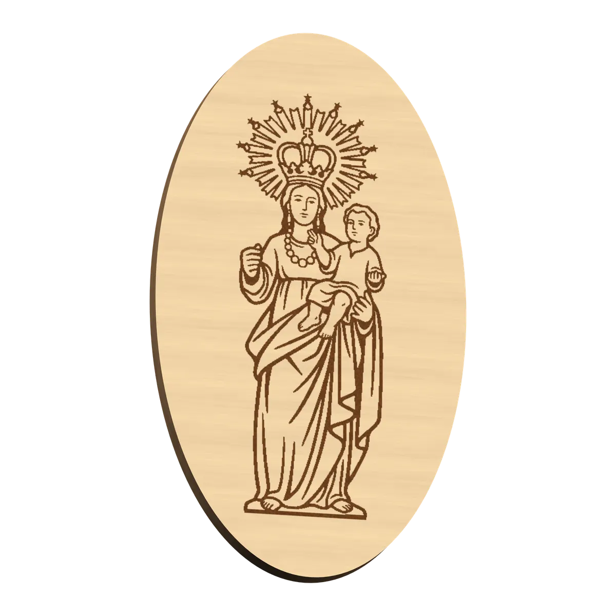 Imán de la Virgen de las Nieves grabado con láser en madera