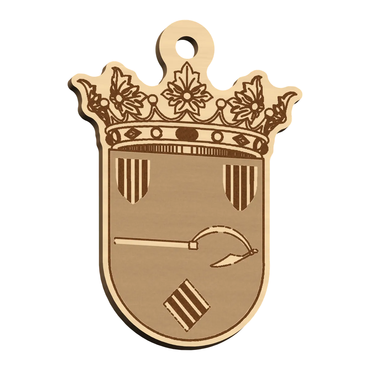 Llavero del escudo de Aladrén grabado en madera