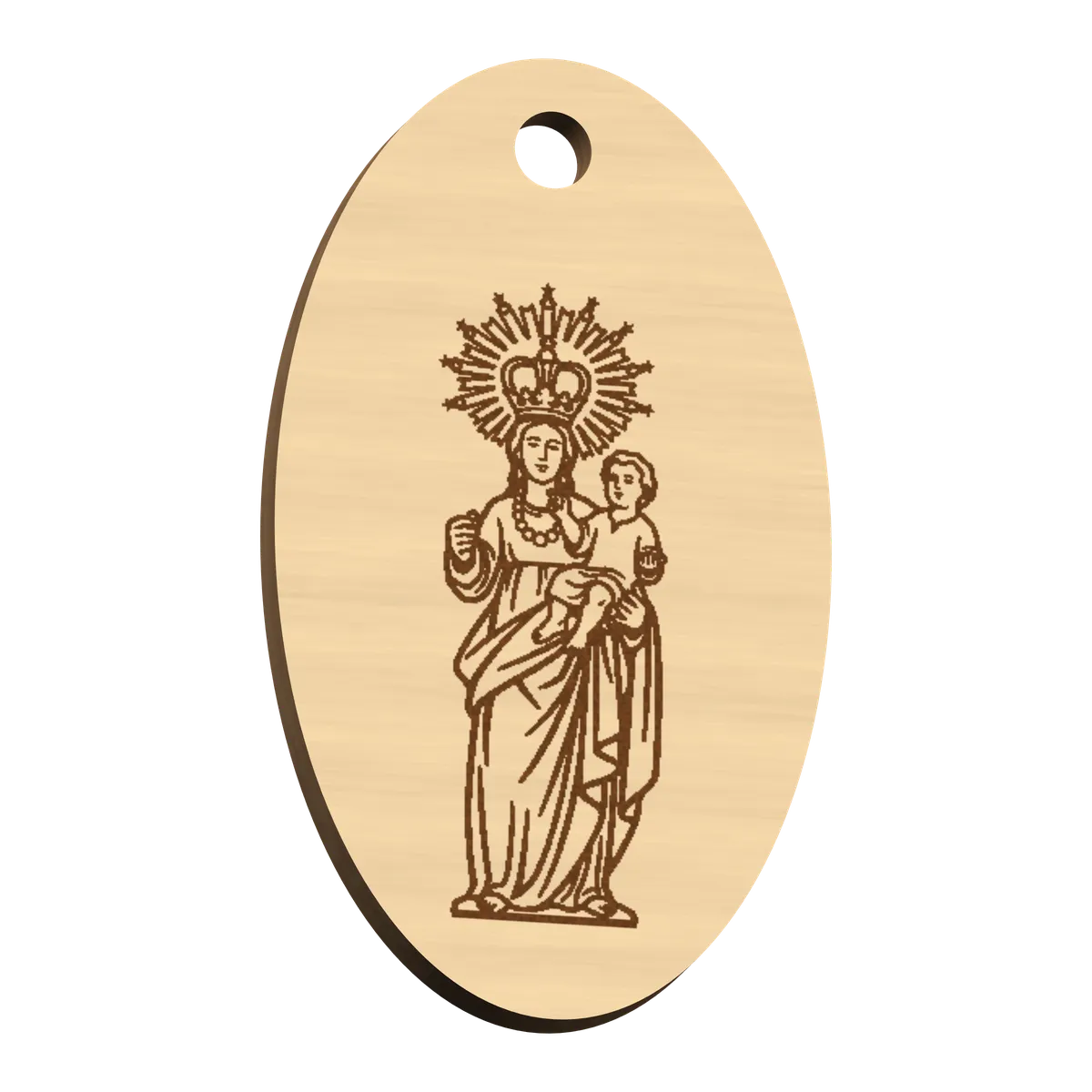 Llavero ovalado de la Virgen de las Nieves en madera grabada