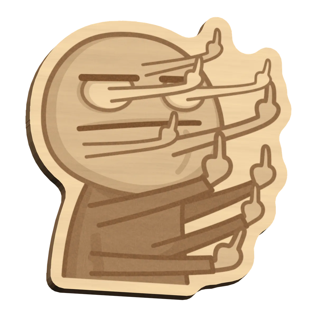 Broche de madera con un meme grabado en escala de grises
