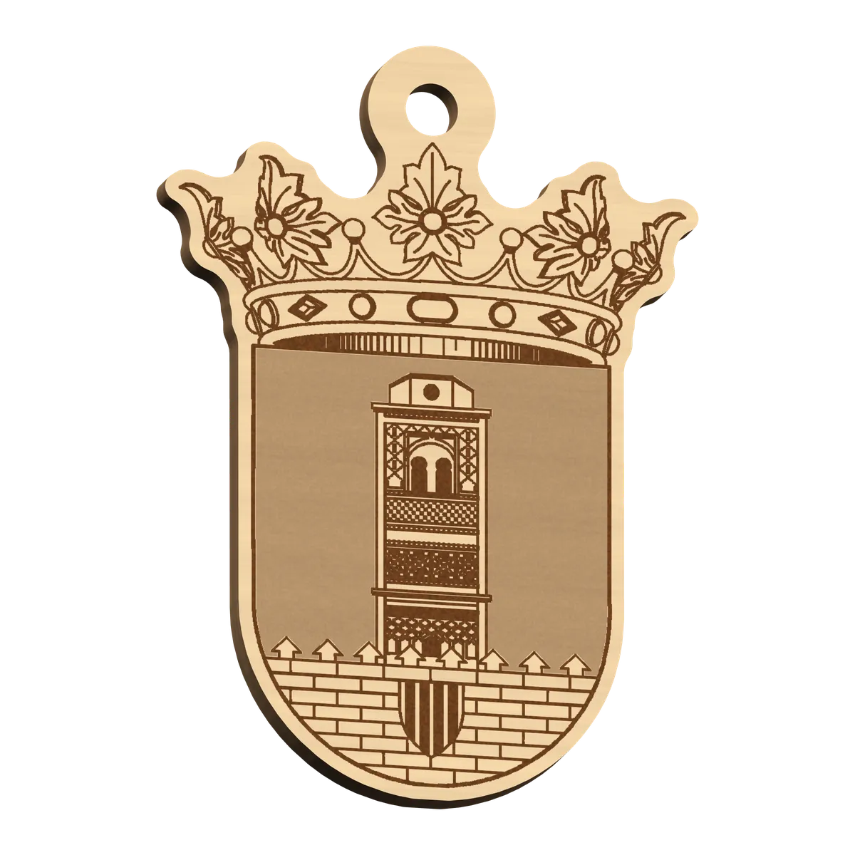 Llavero del escudo de Romanos grabado con láser en madera